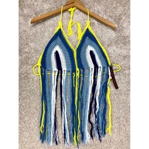 Trendy Threads Evil Eye Crochet Fringe Halter Top Womens XL Blue Yellow Festival